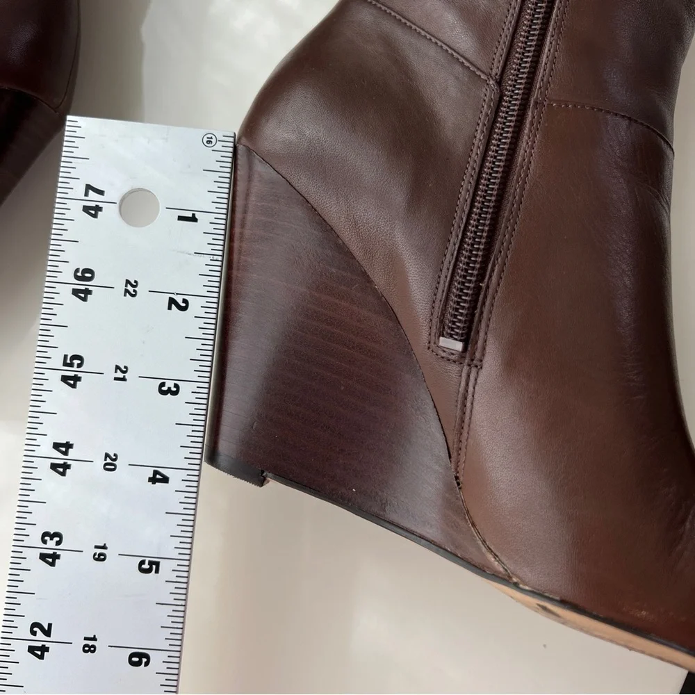 Nine West Sz 7 Varin Wide Calf Brown Leather Wood Wedge Knee High Boots - Picture 2 of 15